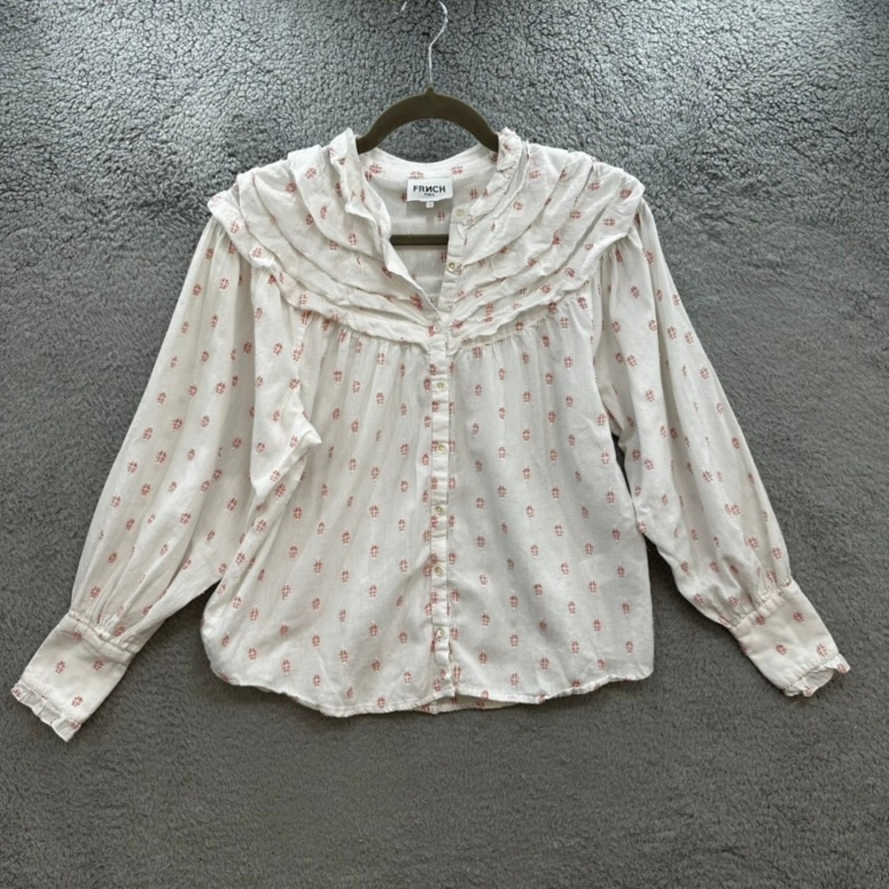 FRNCH Paris Women's Small White Red Clip Dot Ruffle Collar Cotton Blouse Small